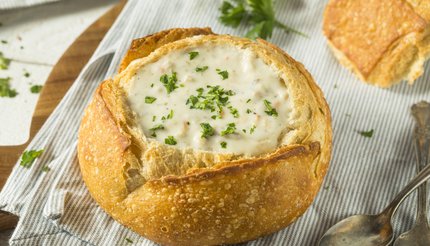 New England Clam Chowder in a Bread Bowl with Parsley