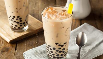 Homemade milk bubble tea with tapioca pearls