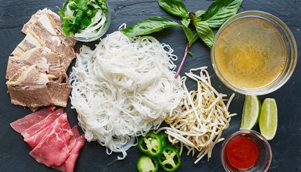 Deconstructed pho laid out with all ingredients 