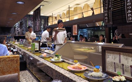 A conveyor-belt sushi restaurant in Tokyo