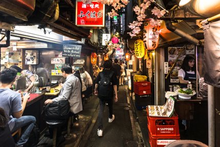 An alley with many yakitori bars in Omoide Yokocho