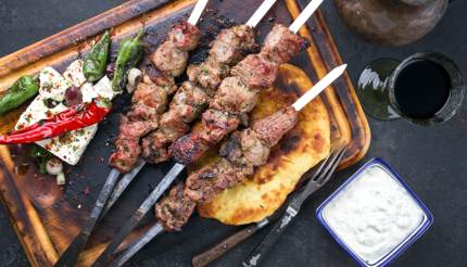 Souvlaki with feta and pita