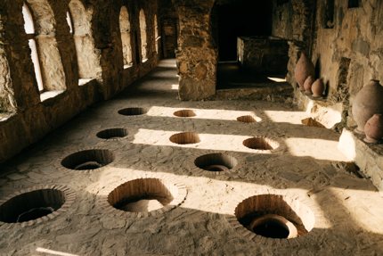 A room with holes in the floor for wine