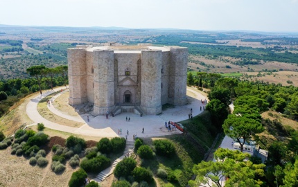 A drone shot of Castel del Monte, Italy