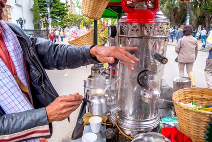 A street vendor selling tinto in Bogota, Colombia