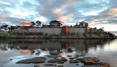 Moorilla at MONA sits on a peninsula that juts into the Derwent River, 12 kilometres north of the city of Hobart