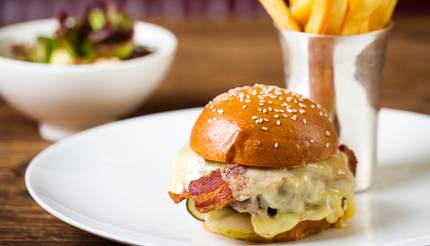 Little Social, Aged Scottish beef burger with bacon, cheese, caramelised onions, pickles and chips