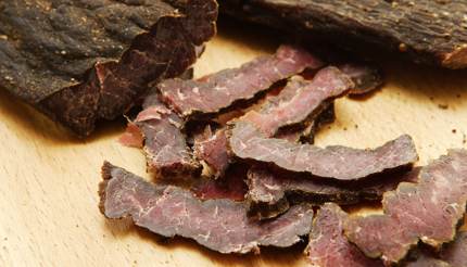 Biltong on wooden board